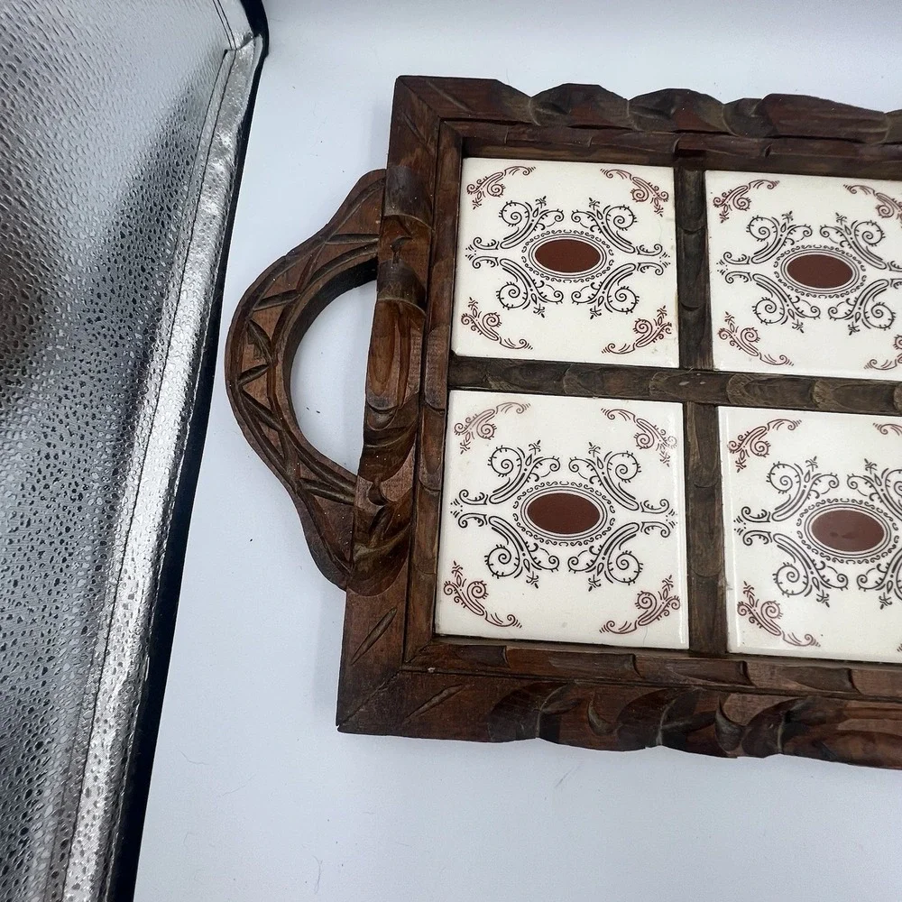 Vintage Hand Carved Mexican Folk Art Wood Serving Tray Ceramic Tiles 22 x 12.5